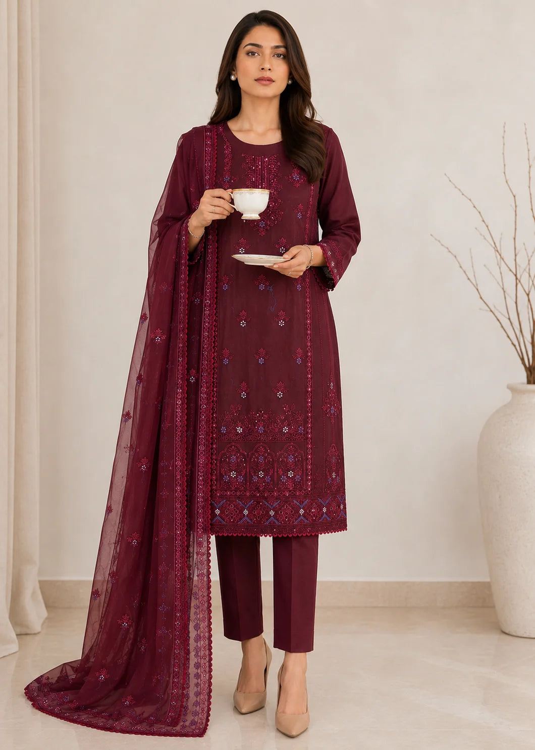 Elegant Maroon Embroidered Kurta Set with Chiffon Dupatta