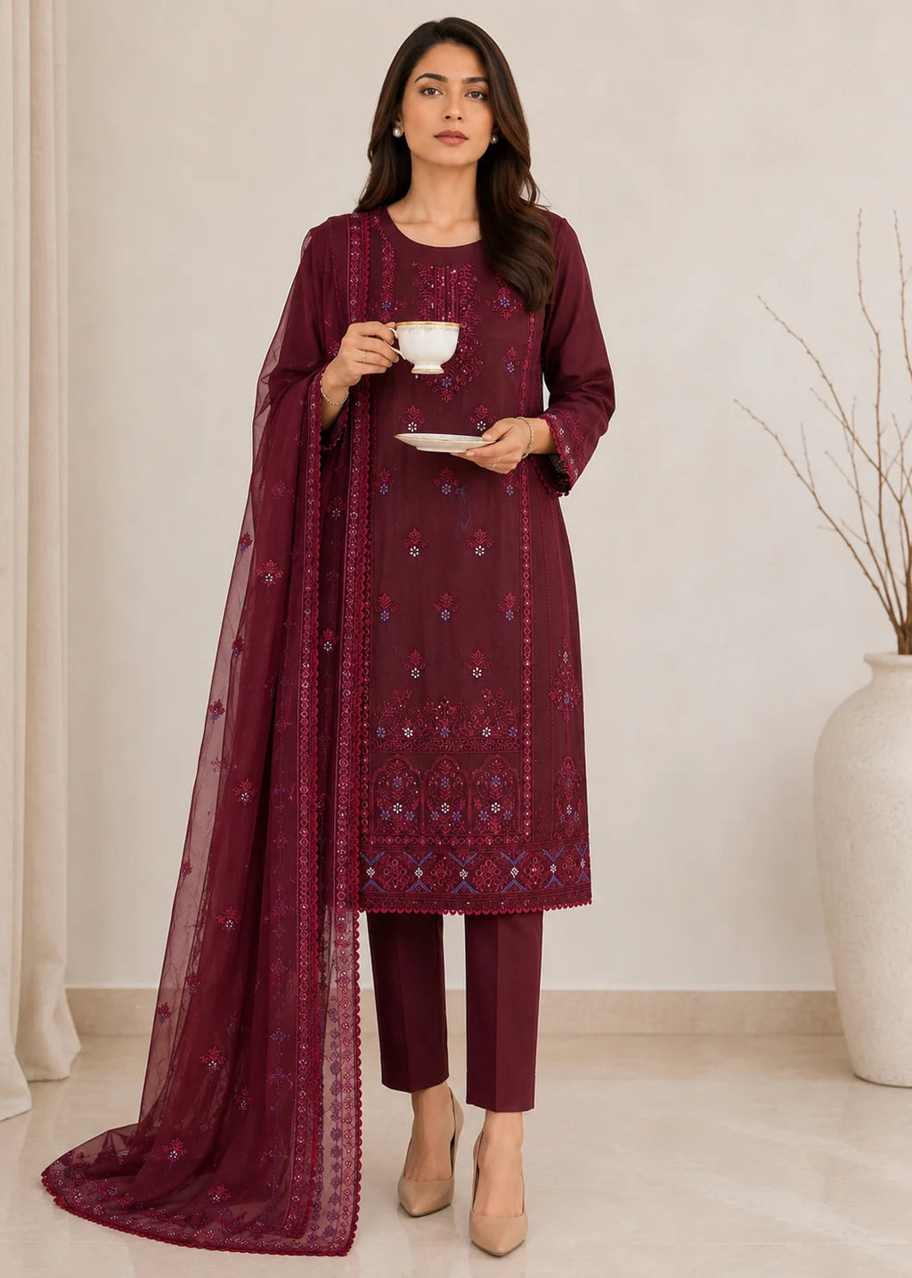 Elegant Maroon Embroidered Kurta Set with Chiffon Dupatta