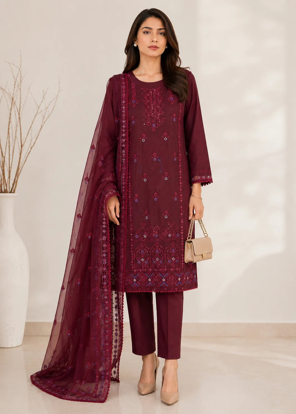 Elegant Maroon Embroidered Kurta Set with Chiffon Dupatta