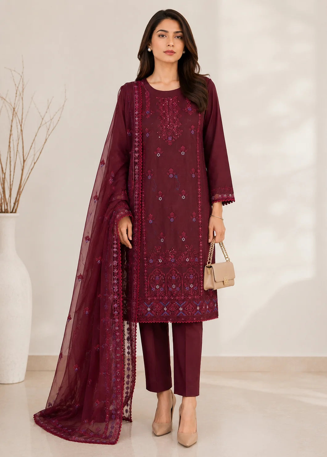 Elegant Maroon Embroidered Kurta Set with Chiffon Dupatta