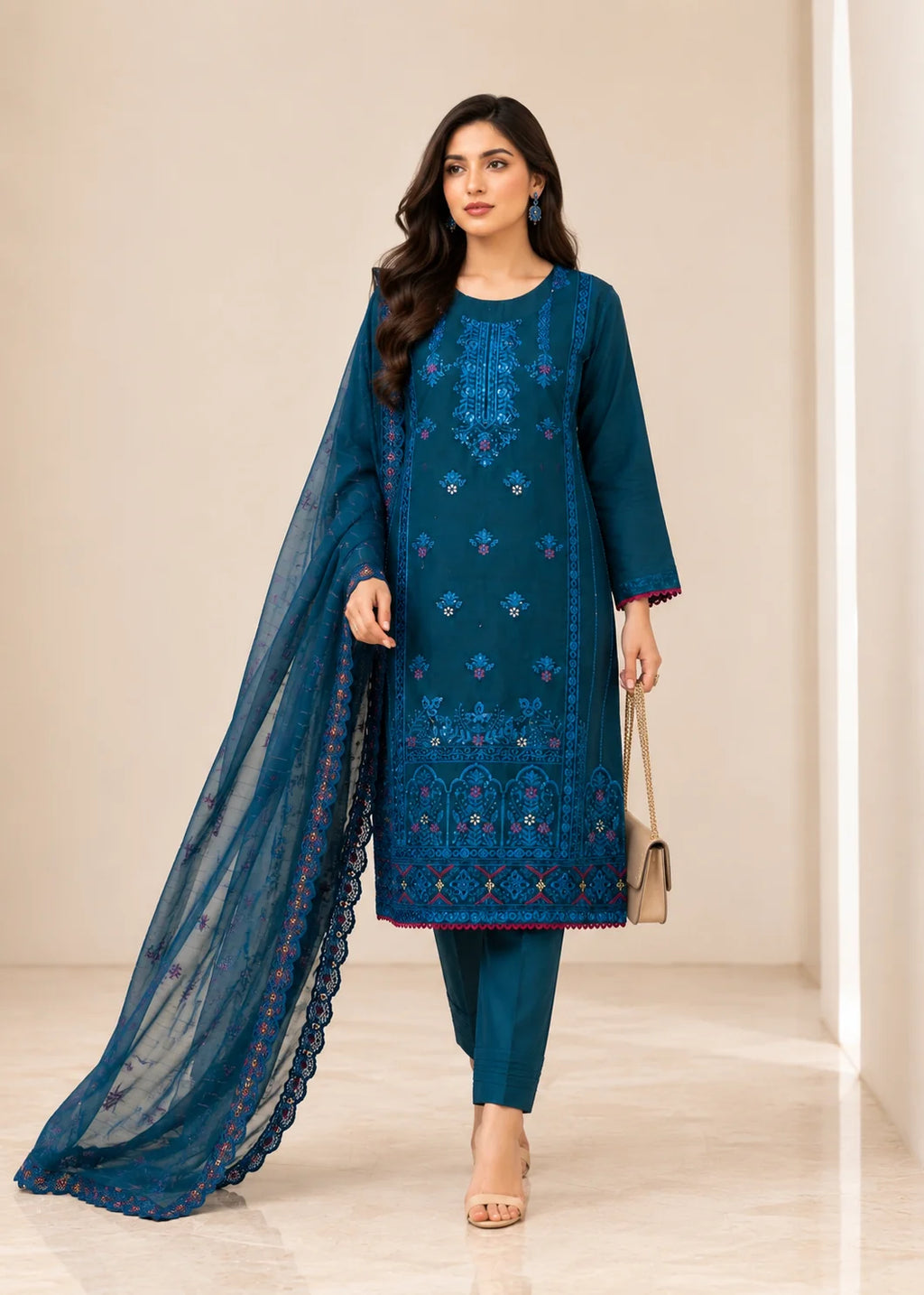Embroidered Teal Kurta Set with Chiffon Dupatta