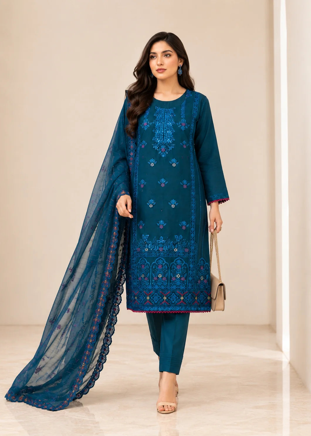 Embroidered Teal Kurta Set with Chiffon Dupatta