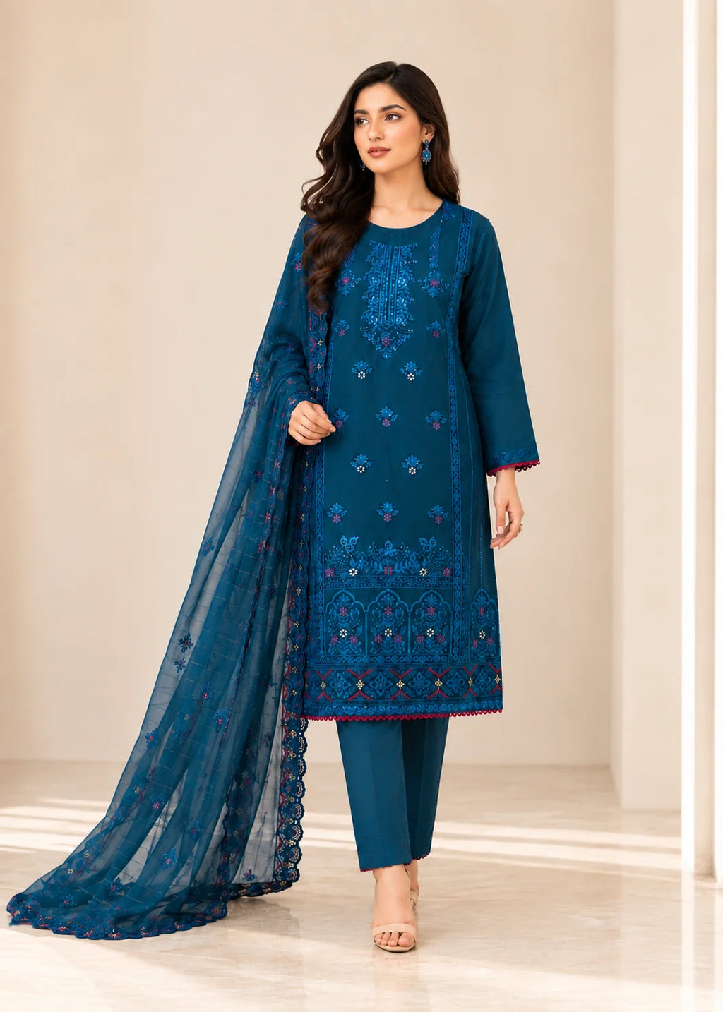 Embroidered Teal Kurta Set with Chiffon Dupatta