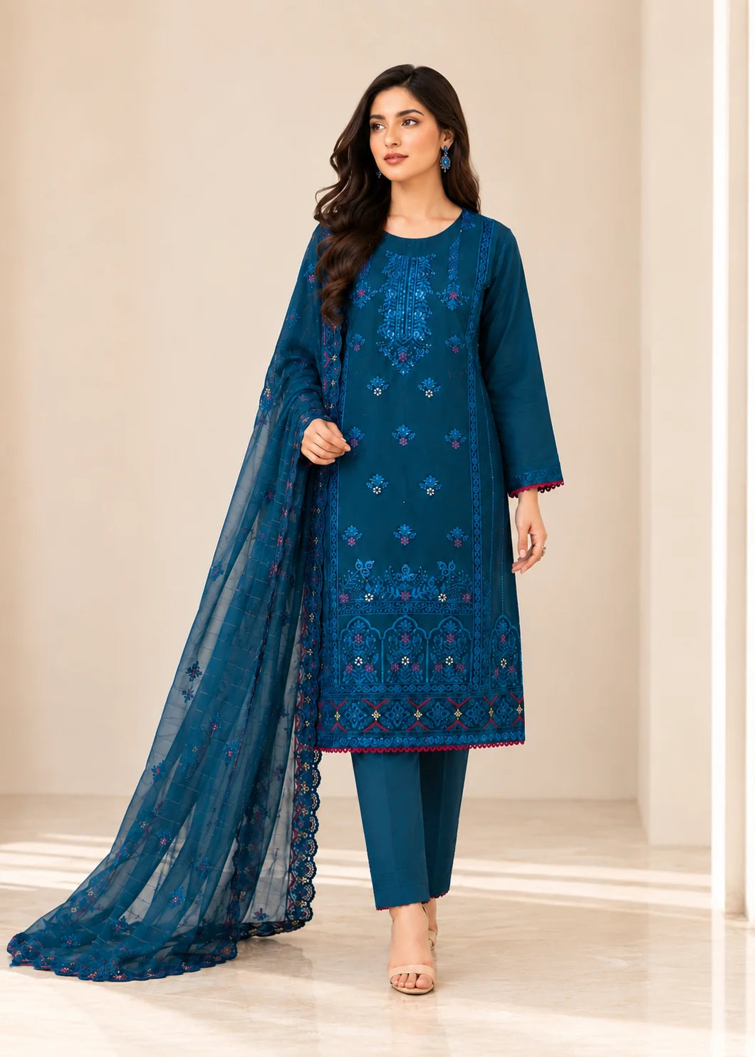 Embroidered Teal Kurta Set with Chiffon Dupatta