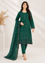Embroidered Forest Green Cotton Kurta Set with Dupatta