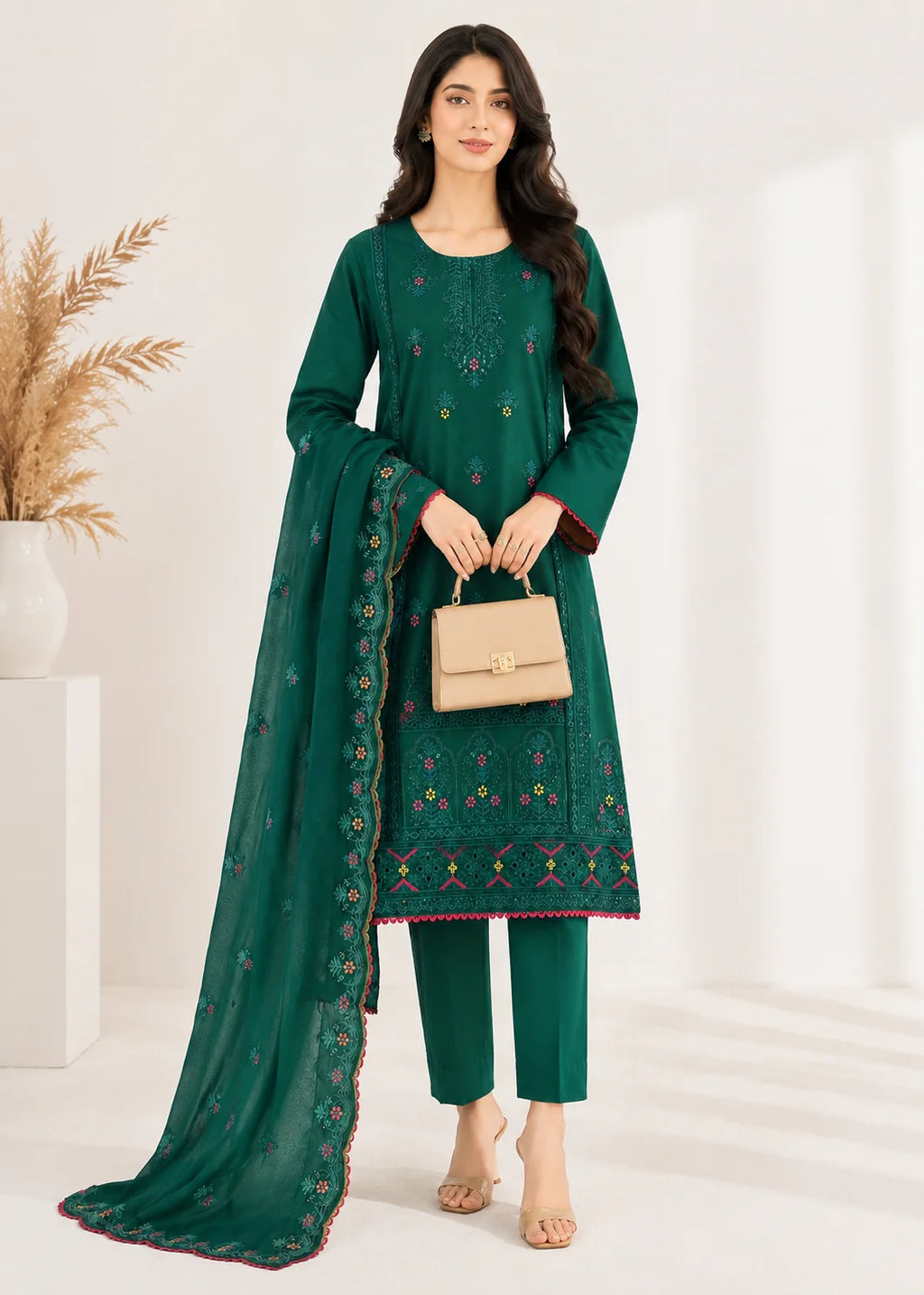 Embroidered Forest Green Cotton Kurta Set with Dupatta