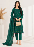 Embroidered Forest Green Cotton Kurta Set with Dupatta