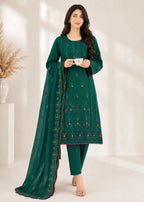 Embroidered Forest Green Cotton Kurta Set with Dupatta