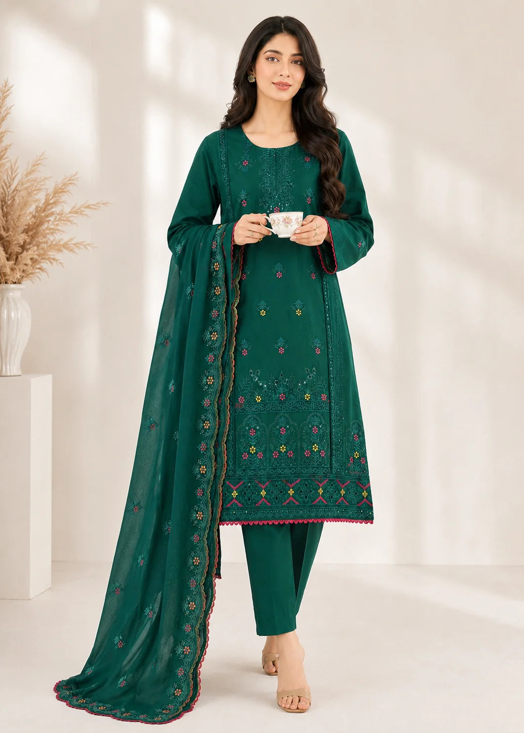 Embroidered Forest Green Cotton Kurta Set with Dupatta