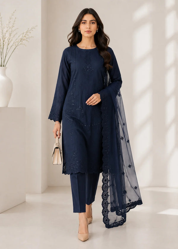 Navy Blue Embroidered Kurta Set with Chiffon Dupatta