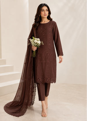 Chocolate Brown Embroidered Cotton Kurta Set with Chiffon Dupatta