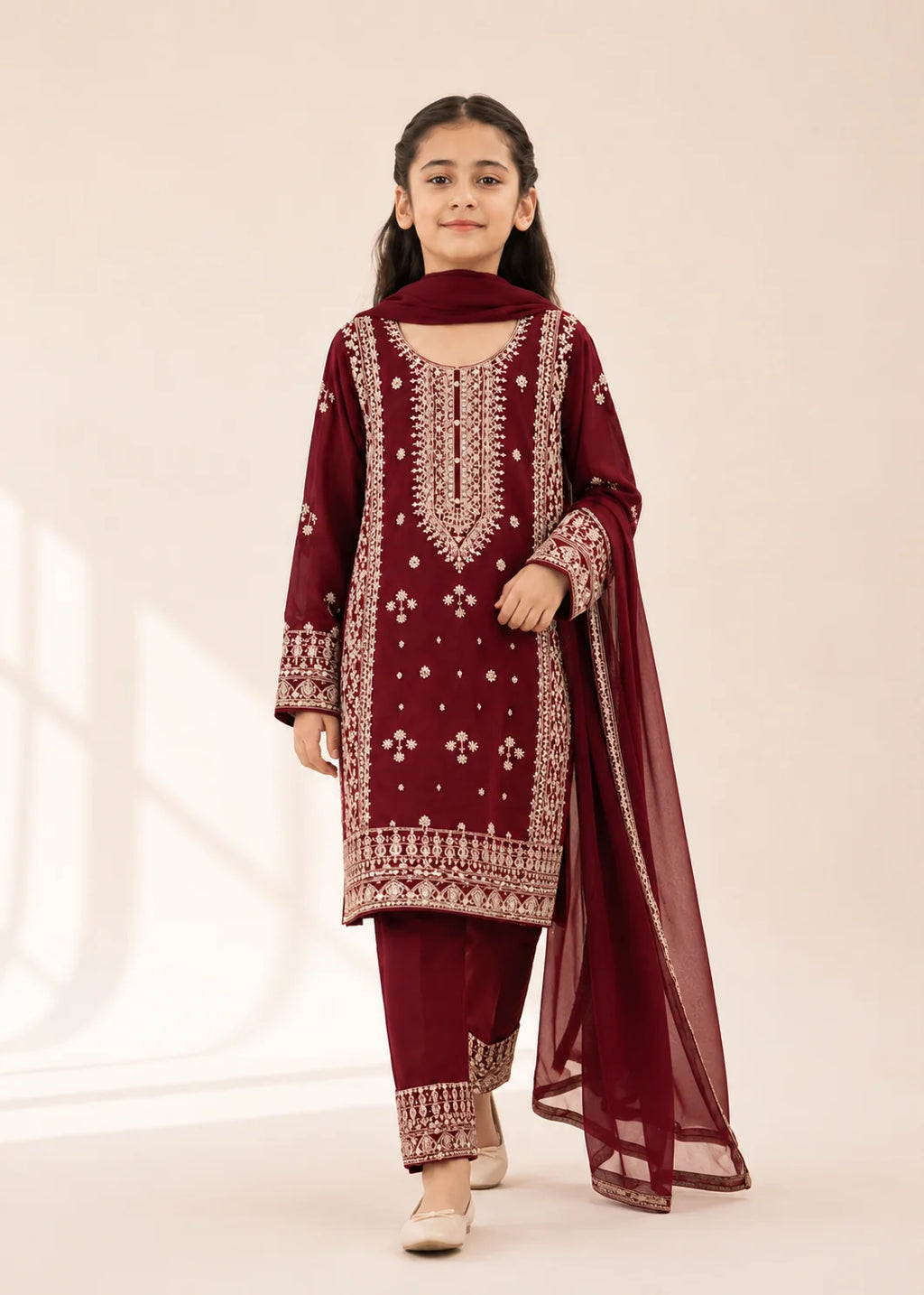 Royal Maroon Kids – Embroidered 3PC Kurta