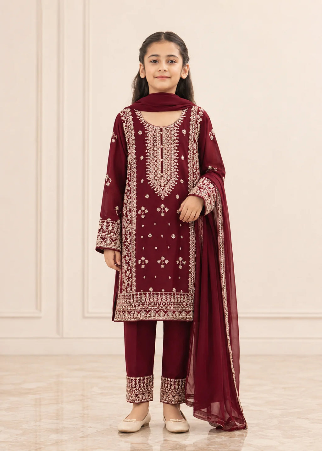 Royal Maroon Kids – Embroidered 3PC Kurta