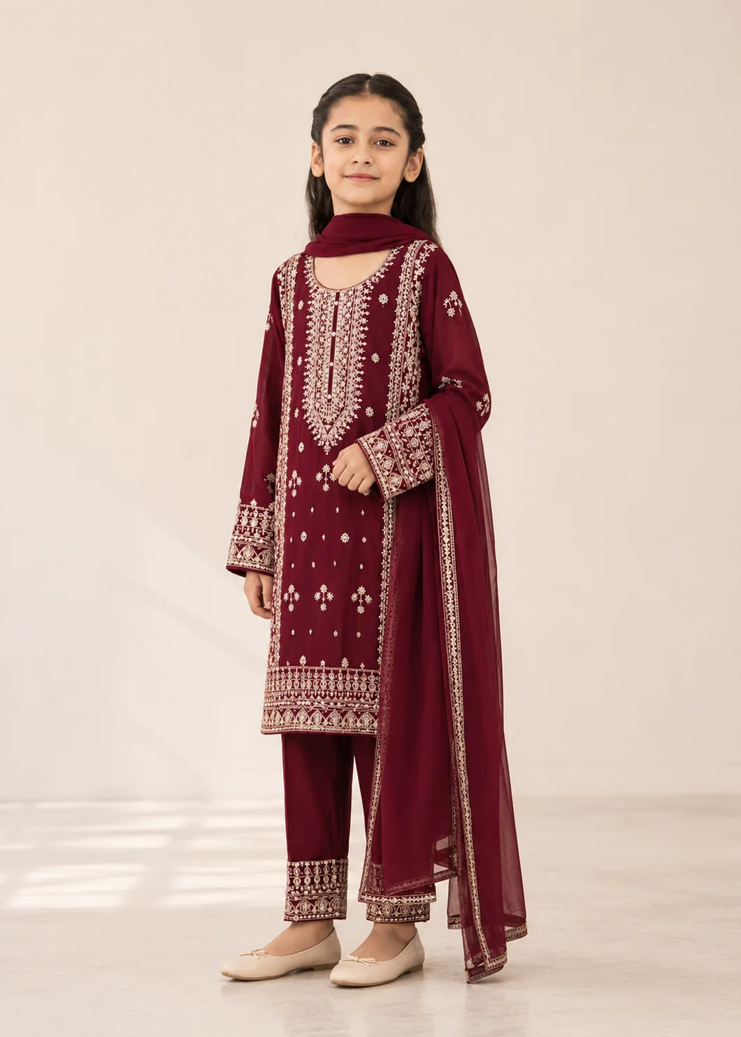 Royal Maroon Kids – Embroidered 3PC Kurta