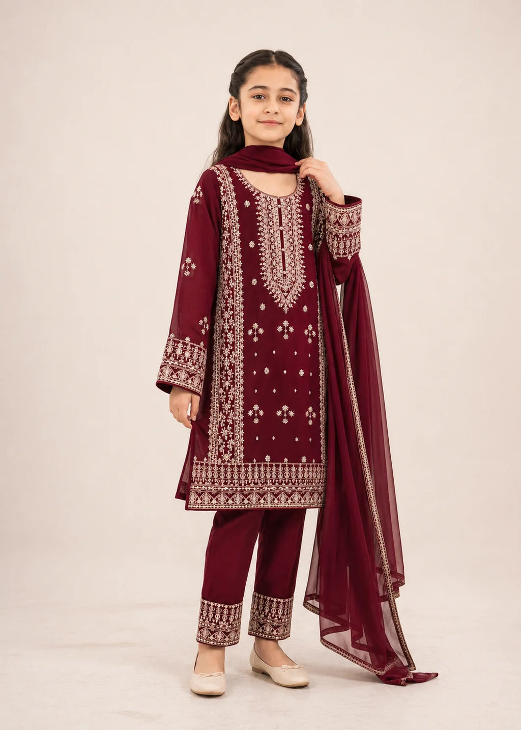 Royal Maroon Kids – Embroidered 3PC Kurta