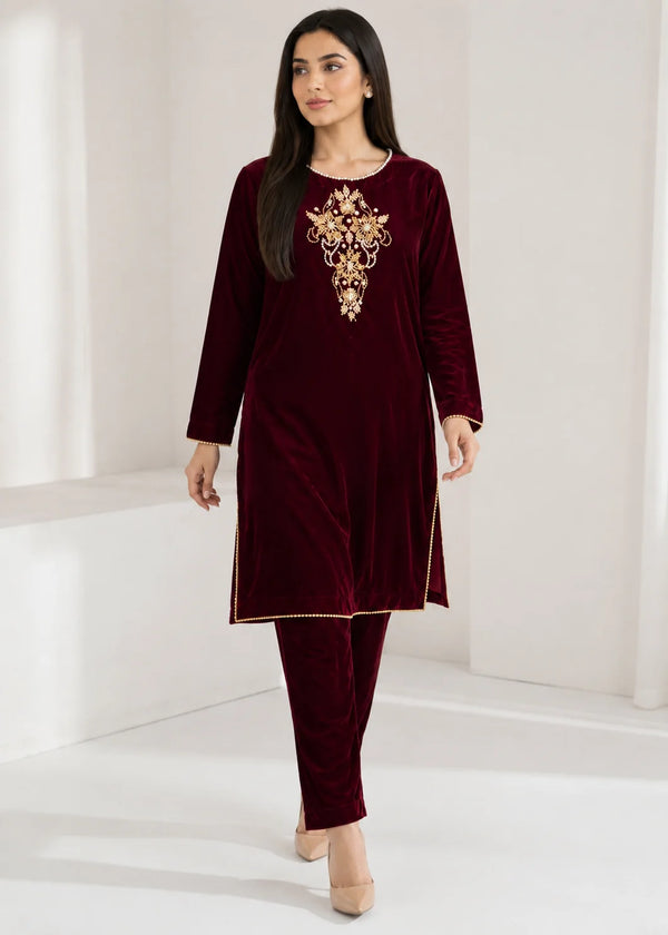 maroon handmade velvet kurta set
