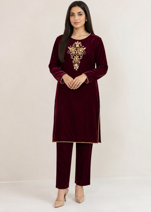 maroon handmade velvet kurta set