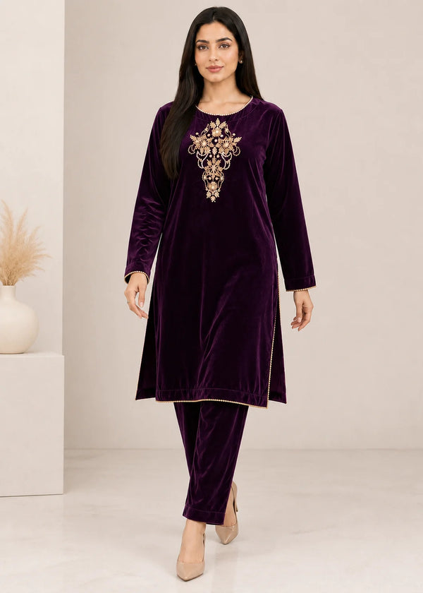Purple – Luxury Handworked Velvet 2PC Kurta Set
