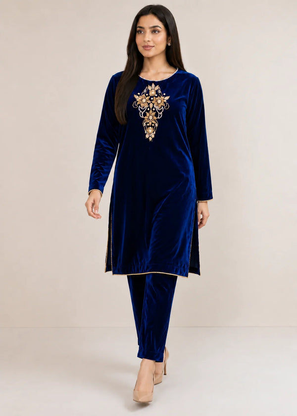 Navy Blue Opulence – Handcrafted Velvet Ensemble