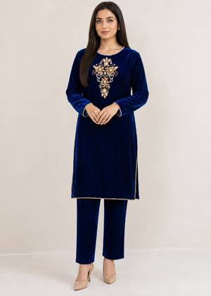Navy Blue Opulence – Handcrafted Velvet Ensemble
