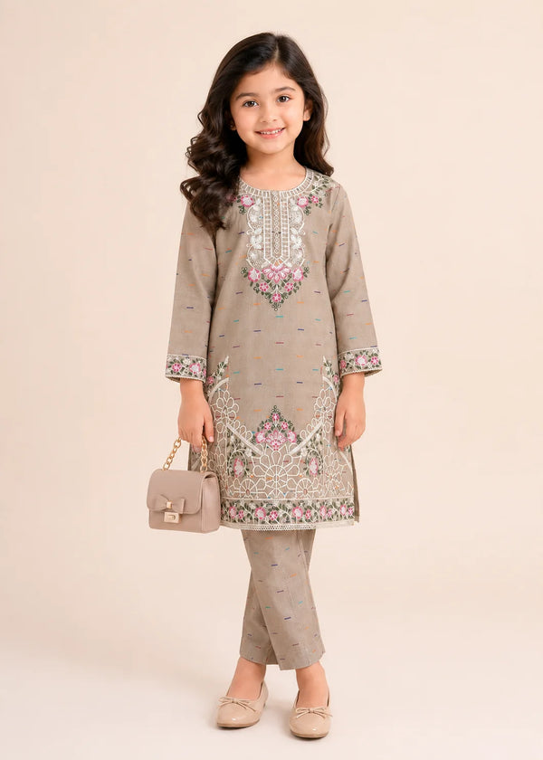 Kids Embroidered Beige Cotton Kurta Set