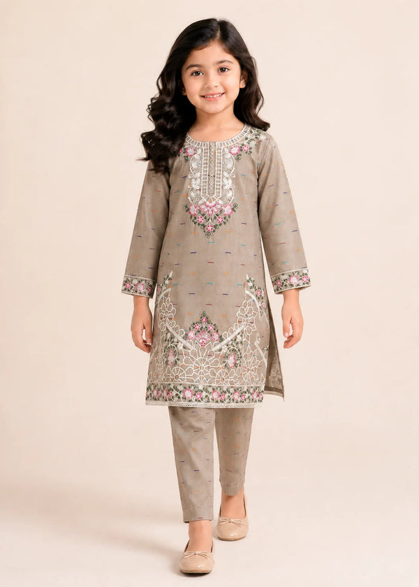 Kids Embroidered Beige Cotton Kurta Set