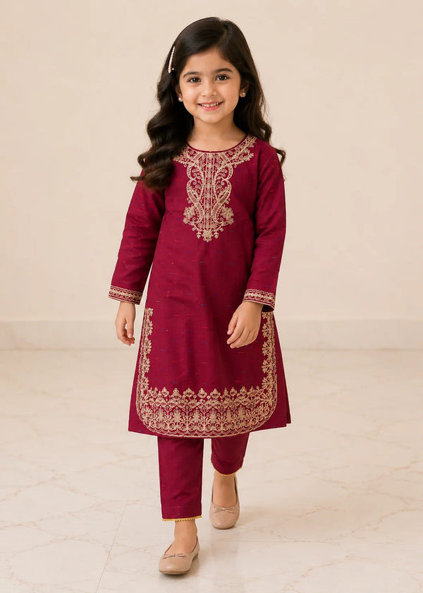 Kids Maroon Embroidered Kurta with Straight Trousers