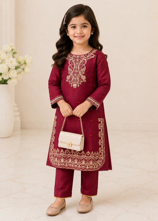 Kids Maroon Embroidered Kurta with Straight Trousers