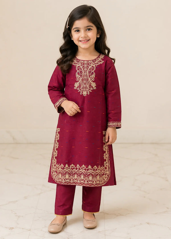 Kids Maroon Embroidered Kurta with Straight Trousers
