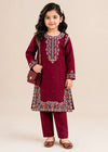 Girls Maroon Embroidered Cotton Kurta Set