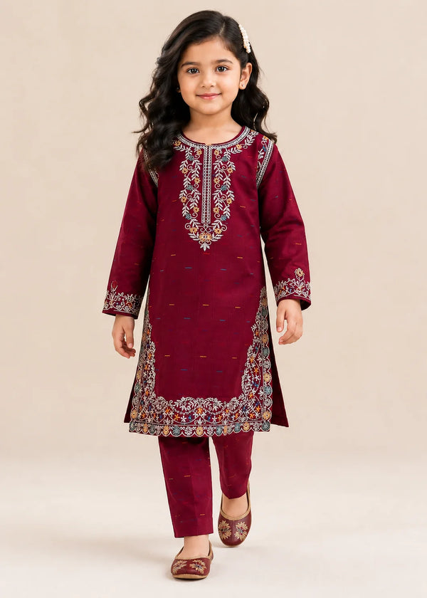 Girls Maroon Embroidered Cotton Kurta Set