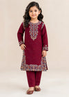 Girls Maroon Embroidered Cotton Kurta Set