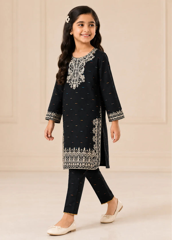 Black Embroidered Kids Kurta Set with Straight Trousers