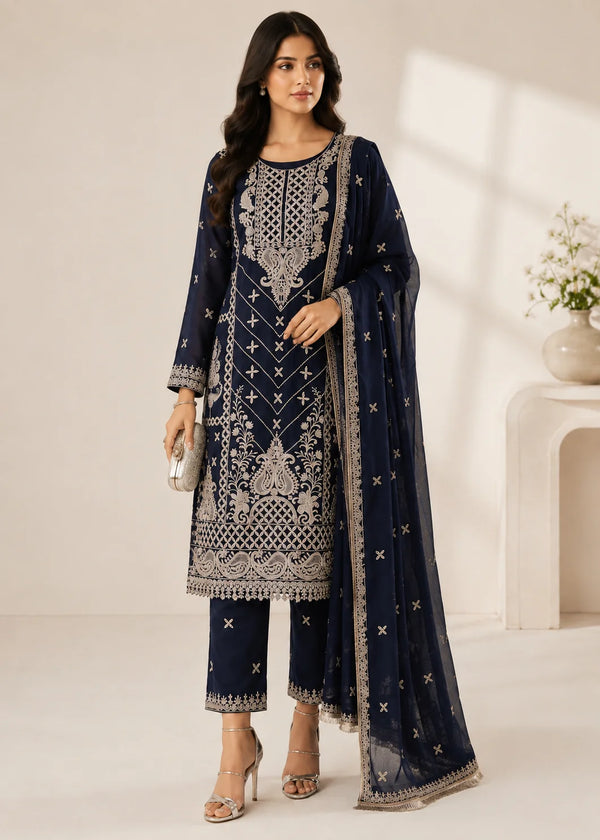 Midnight Sapphire – Embroidered Chiffon 3PC Set