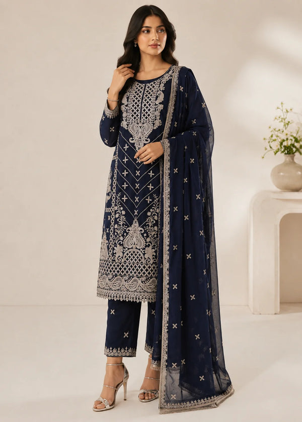 Midnight Sapphire – Embroidered Chiffon 3PC Set