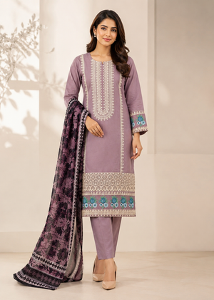 Elegant Lavender Embroidered Kurta Set with Printed Dupatta
