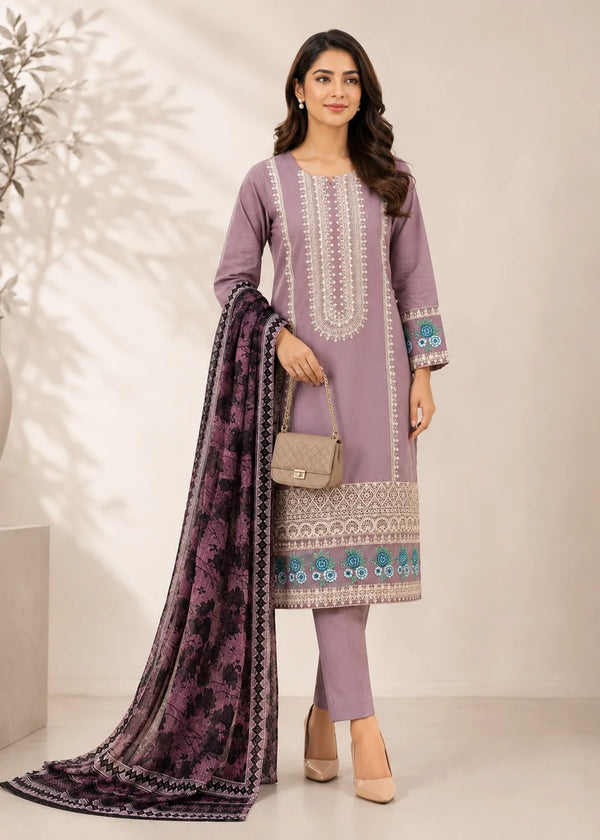 Elegant Lavender Embroidered Kurta Set with Printed Dupatta