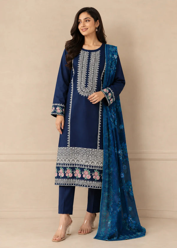 Navy Blue Embroidered Kurta Set with Floral Details