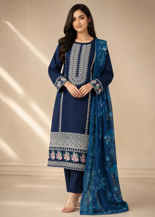 Navy Blue Embroidered Kurta Set with Floral Details