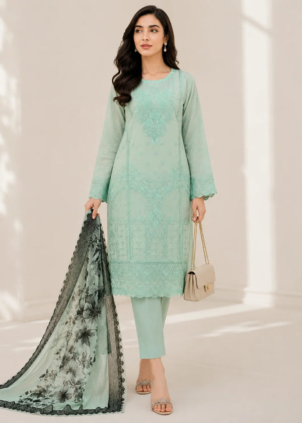 Embroidered Aquamarine Lawn Kurta Set with Printed net Dupatta
