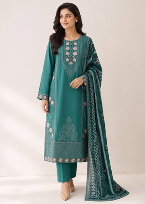 Sea Green Embroidered Lawn Kurta Set with Printed Dupatta