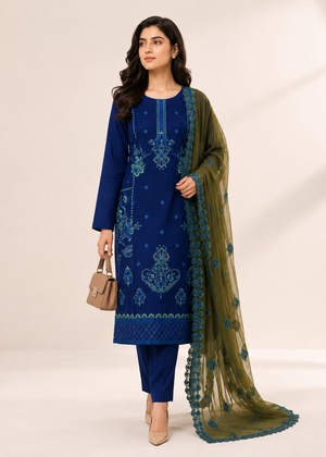 Elegant Navy Embroidered Linen Kurta Set with Chiffon Dupatta