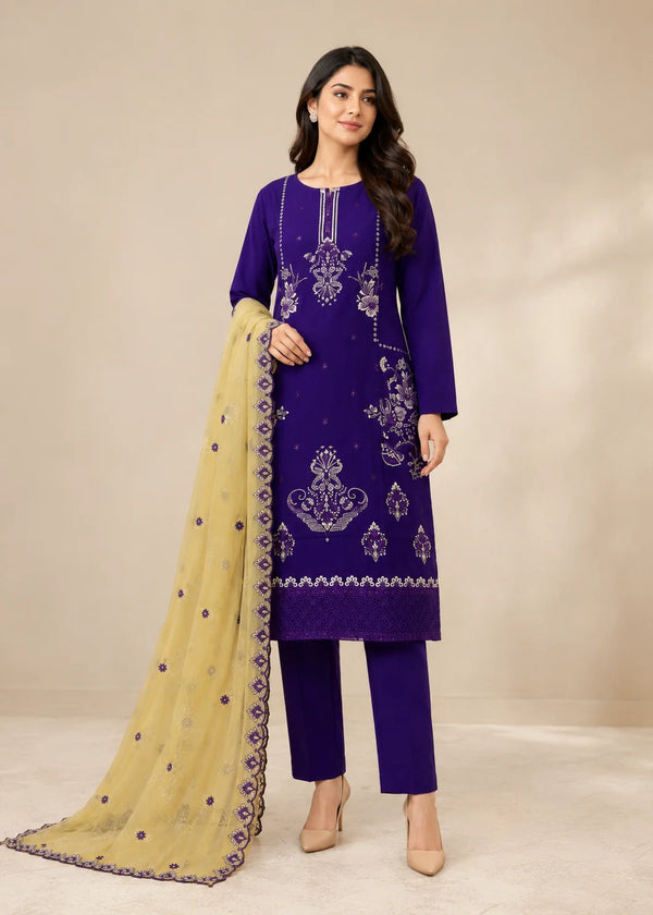 Embroidered Purple Linen Kurta Set with Chiffon Dupatta