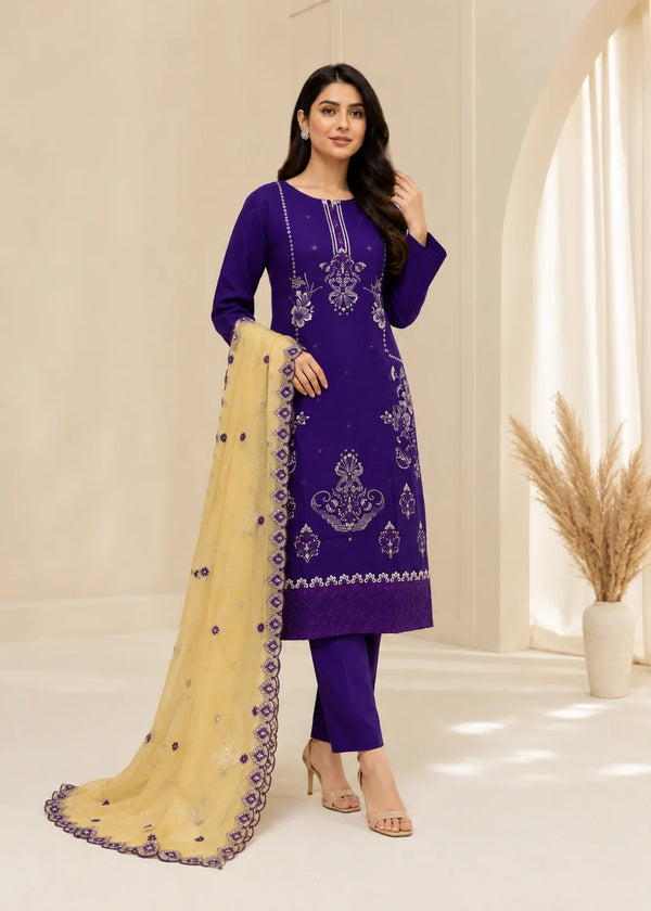 Embroidered Purple Linen Kurta Set with Chiffon Dupatta