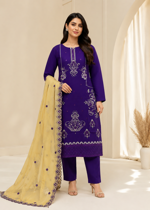 Embroidered Purple Linen Kurta Set with Chiffon Dupatta