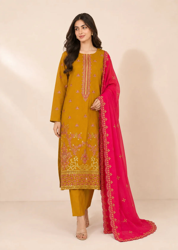 Mustard Embroidered Linen Kurta Set with Hot Pink Chiffon Dupatta