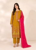 Mustard Embroidered Linen Kurta Set with Hot Pink Chiffon Dupatta