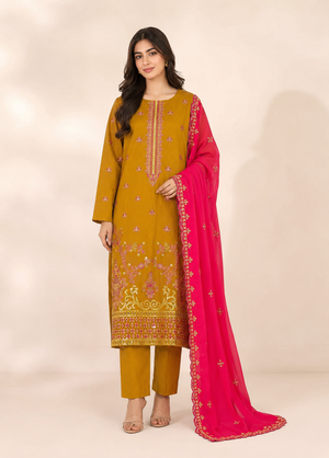 Mustard Embroidered Linen Kurta Set with Hot Pink Chiffon Dupatta