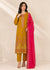 Mustard Embroidered Linen Kurta Set with Hot Pink Chiffon Dupatta
