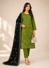 Olive Green Embroidered Linen Kurta Set with Black Chiffon Dupatta